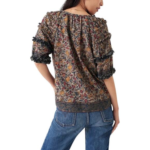 Faherty Bodhi Wildflower Floral 100% Organic Cotton Ruffled Puff Sleeve Top - Picture 5 of 6